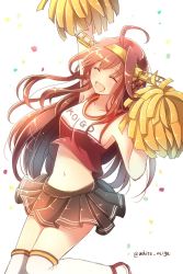 Rule 34 | 10s, 1girl, :d, ahoge, alternate costume, brown hair, character name, cheering, cheerleader, clothes writing, confetti, crop top, crop top overhang, hairband, highres, kantai collection, kongou (kancolle), long hair, midriff, open mouth, pleated skirt, pom pom (cheerleading), serino itsuki, skirt, smile, solo, twitter username