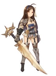 Rule 34 | 1girl, ahoge, armor, black gloves, boots, breasts, brown eyes, brown hair, closed mouth, full body, garter straps, gauntlets, gloves, hairband, highres, holding, holding sword, holding weapon, legs apart, long hair, looking at viewer, medium breasts, original, simple background, smile, solo, sookmo, standing, sword, weapon, white background