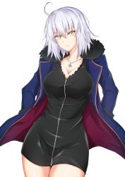 Rule 34 | 1girl, ahoge, black dress, blue jacket, breasts, cleavage, collarbone, commentary request, cowboy shot, dress, fate/grand order, fate (series), fur trim, hair between eyes, head tilt, highres, jacket, jeanne d&#039;arc (fate), jeanne d&#039;arc alter (fate), jeanne d&#039;arc alter (ver. shinjuku 1999) (fate), jewelry, large breasts, long sleeves, looking at viewer, official alternate costume, open clothes, open jacket, parted lips, pendant, shiny skin, short dress, short hair, silver hair, simple background, solo, standing, thighs, watarase piro, white background, wicked dragon witch ver. shinjuku 1999, yellow eyes