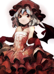 Rule 34 | 1girl, absurdres, alternate costume, bare shoulders, bat wings, dress, elbow gloves, female focus, frilled dress, frills, gloves, hat, highres, jewelry, light purple hair, matakom, necklace, pendant, red eyes, red gloves, remilia scarlet, revision, short hair, silver hair, skirt hold, smile, solo, strapless, strapless dress, touhou, wings