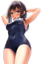 Rule 34 | 1girl, armpits, arms up, black hair, black one-piece swimsuit, breasts, brown eyes, competition school swimsuit, covered navel, from below, hair ornament, hair tie, hairclip, long hair, looking at viewer, looking down, mouth hold, one-piece swimsuit, one side up, original, parted lips, school swimsuit, simple background, small breasts, swimsuit, white background, x hair ornament, yukemuriganmo