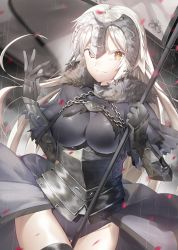 Rule 34 | alternate costume, armored leotard, bad id, bad pixiv id, banner, black gloves, black leotard, black thighhighs, breasts, breasts apart, fate/grand order, fate (series), floating hair, gloves, groin, h shai, highres, holding, holding weapon, jeanne d&#039;arc (fate), jeanne d&#039;arc alter (avenger) (fate), jeanne d&#039;arc alter (fate), large breasts, leotard, long hair, parted lips, petals, rain, silver hair, smile, solo, standing, thighhighs, very long hair, weapon, yellow eyes