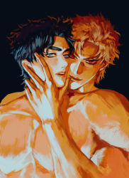 Rule 34 | 2boys, amuii, black background, black hair, blonde hair, blue eyes, dio brando, grabbing another&#039;s chin, hand on another&#039;s chin, highres, jojo no kimyou na bouken, jonathan joestar, multiple boys, muscular, muscular male, muted color, nude, pectorals, phantom blood, red eyes, simple background, upper body, yaoi