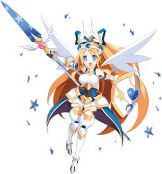 Rule 34 | 1girl, angel, angel wings, armor, armored boots, blonde hair, blue eyes, blush, boots, bow, disgaea, disgaea rpg, feathered wings, flonne, full body, hair bow, head wings, highres, holding, holding polearm, holding shield, holding weapon, long hair, no pupils, non-web source, official art, open mouth, photoshop (medium), pleated skirt, polearm, shield, skirt, solo, transparent background, very long hair, weapon, white wings, wings
