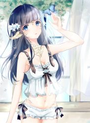 Rule 34 | 1girl, animal ears, arm up, au ra, bad id, bad pixiv id, bare shoulders, black hair, blue eyes, blunt bangs, breasts, bug, butterfly, butterfly on hand, cat ears, cleavage, final fantasy, final fantasy xiv, flower, hair flower, hair ornament, highres, insect, long hair, looking at viewer, medium breasts, midriff, navel, outdoors, parted lips, sakura mochiko, short shorts, shorts, solo, window
