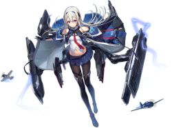 Rule 34 | 1girl, aircraft, armpits, artist request, azur lane, bare shoulders, black footwear, black gloves, black pantyhose, blue jacket, blue skirt, boots, breasts, casablanca (azur lane), closed mouth, crop top, elbow gloves, flight deck, floating hair, gloves, hair between eyes, hair ornament, highres, jacket, long hair, looking at viewer, machinery, medium breasts, midriff, miniskirt, navel, necktie, off shoulder, official art, open clothes, open jacket, outstretched arms, pantyhose, partially fingerless gloves, pleated skirt, purple eyes, shirt, silver hair, skirt, sleeveless, sleeveless shirt, solo, thigh boots, thighhighs, transparent background, white shirt