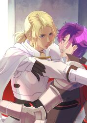 Rule 34 | 1boy, 1girl, against wall, blonde hair, catherine (fire emblem), clenched teeth, dark-skinned female, dark skin, fire emblem, fire emblem: three houses, fire emblem warriors: three hopes, nervous, nintendo, outstretched arm, ponytail, purple eyes, purple hair, riou (pooh920), shez (fire emblem), shez (male) (fire emblem), smile, teeth, you gonna get raped