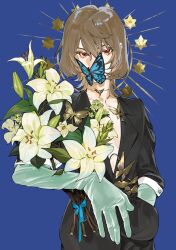 Rule 34 | 1boy, akechi gorou, black jacket, black pants, blue background, bouquet, brown hair, bug, butterfly, butterfly over mouth, flower, gloves, halo, halo behind head, hand in pocket, highres, holding, holding bouquet, insect, jacket, jewelry, looking ahead, looking at viewer, medium hair, necklace, no shirt, pants, persona, persona 5, persona 5 the royal, red eyes, simple background, solo, suit jacket, upper body, white flower, white gloves, yuirua55234