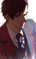 Rule 34 | 1boy, animification, ben hargreeves, black eyes, black hair, blue necktie, close-up, collared shirt, frown, highres, jacket, looking at viewer, necktie, open clothes, open jacket, open mouth, qin (7833198), shirt, short hair, simple background, sweater vest, the umbrella academy, white background, white shirt