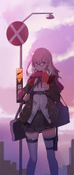 Rule 34 | 1girl, aosora kamiya, black-framed eyewear, black skirt, blonde hair, blue eyes, book, breath, city, cloud, cloudy sky, coat, collared shirt, dress shirt, duffel coat, girls&#039; frontline, glasses, hair ribbon, highres, holding, holding book, holster, legs apart, open book, open clothes, open coat, outdoors, parted lips, pink ribbon, pleated skirt, pursed lips, railroad crossing, railroad signal, red scarf, ribbon, scarf, shirt, skirt, sky, solo, st ar-15 (girls&#039; frontline), standing, thigh holster, thighhighs, white shirt, zettai ryouiki