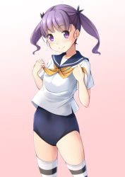 Rule 34 | 1girl, blue one-piece swimsuit, blue sailor collar, cowboy shot, gradient background, highres, looking at viewer, neckerchief, new school swimsuit, no pants, one-piece swimsuit, original, pink background, purple eyes, purple hair, sailor collar, school swimsuit, school uniform, serafuku, shibacha (shibacha 0728), short hair, smile, solo, striped clothes, striped thighhighs, swimsuit, swimsuit under clothes, thighhighs, twintails, yellow neckerchief