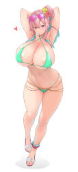 Rule 34 | 1girl, absurdres, areola slip, armpits, arms behind head, arms up, bare shoulders, belly chain, bikini, blue hair, blush, breasts, cleavage, collarbone, colored inner hair, earrings, eyewear on head, fake nails, full body, green bikini, heart, heart-shaped eyewear, high ponytail, highleg, highleg bikini, highres, hoop earrings, hozuki kaede, huge breasts, jewelry, kemigawa mondo, large breasts, light blue hair, long hair, multicolored hair, navel, necklace, onii-chan wa oshimai!, pink hair, ponytail, sandals, short ponytail, sidelocks, smile, solo, sunglasses, swimsuit, thighs, two-tone hair