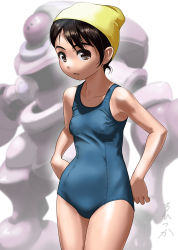Rule 34 | 1girl, black hair, blue one-piece swimsuit, breasts, brown eyes, collarbone, commentary request, covered erect nipples, cowboy shot, highres, looking at viewer, mecha, new school swimsuit, one-piece swimsuit, open mouth, original, robot, rohitsuka, school swimsuit, short hair, signature, small breasts, solo, standing, swim cap, swimsuit, white background, yellow headwear