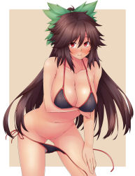 Rule 34 | 1girl, ao banana, bikini, bikini pull, blush, bottomless, breasts, brown eyes, brown hair, cat, censored, clothes pull, convenient censoring, covered erect nipples, female focus, highres, jpeg artifacts, large breasts, long hair, looking at viewer, necktie, no wings, red eyes, reiuji utsuho, side-tie bikini bottom, smile, solo, striped necktie, striped neckwear, swimsuit, tan, touhou, untied, very long hair