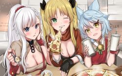 Rule 34 | 3girls, :d, animal ears, apron, azur lane, beige shirt, belfast (azur lane), belfast (piping-hot perfection) (azur lane), bell, bikini, bikini top only, black bikini, black gloves, black ribbon, blonde hair, blue eyes, blue hair, blush, braid, breasts, broken, broken chain, chain, cleavage, collared shirt, commentary, cropped jacket, cup, disposable cup, drinking straw, eating, eyebrows hidden by hair, fang, fingerless gloves, food, fox ears, french braid, fubuki (azur lane), fubuki (stormy waitress-in-training!) (azur lane), gloves, green eyes, grin, hair between eyes, hair ornament, hair ribbon, hair scrunchie, hairclip, head tilt, highres, holding, holding cup, holding food, holding spoon, hornet (azur lane), hornet (delicious love) (azur lane), hornet (freshly-baked bonding!) (azur lane), jacket, large breasts, long hair, long sleeves, looking at viewer, low neckline, marumai, multiple girls, official alternate costume, one eye closed, open clothes, open mouth, orange scarf, pizza, pizza slice, ponytail, poster (object), red apron, red jacket, red scrunchie, ribbon, scarf, scrunchie, shirt, short hair, short sleeves, sidelocks, sitting, skin fang, smile, spoon, steam, strap slip, swimsuit, table, twintails, upper body, very long hair, white hair, wrist cuffs, yellow eyes