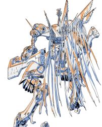 Rule 34 | arm cannon, from behind, highres, limited palette, mecha, mechanical wings, no humans, official art, production art, robot, science fiction, solo, standing, tenjin hidetaka, weapon, white background, wings, yasuke (anime)