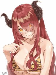 Rule 34 | 1girl, animal print, bare arms, bare shoulders, bikini, blush, breasts, cleavage, closed mouth, collarbone, eyes visible through hair, hair over one eye, horns, large breasts, long hair, looking at viewer, orange bikini, orange eyes, original, print bikini, red hair, shio kouji (shiokojii), signature, simple background, skindentation, slit pupils, smile, solo, strap lift, swimsuit, teeth, tiger print, upper teeth only, white background