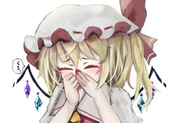 Rule 34 | 1girl, ascot, blonde hair, blush, closed eyes, covering nose, covering own mouth, crystal, flandre scarlet, hat, hat ribbon, medium hair, mob cap, multicolored wings, nail polish, puffy short sleeves, puffy sleeves, red nails, red ribbon, red vest, ribbon, ribbon-trimmed headwear, ribbon trim, semisigule, shirt, short sleeves, side ponytail, sneezing, solo, touhou, upper body, vest, white shirt, wings, yellow ascot