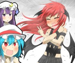 Rule 34 | &gt;:d, 3girls, :&lt;, :d, alternate costume, bare shoulders, bat wings, blue hair, blush, clenched hands, crescent, crossed arms, demon girl, demon wings, double v, embarrassed, fang, hat, head wings, koakuma, low wings, mob cap, multiple girls, nobamo pieruda, open mouth, patchouli knowledge, purple eyes, purple hair, red eyes, red hair, remilia scarlet, revealing clothes, screaming, smile, t.m.revolution, tears, touhou, triangle mouth, v, v-shaped eyebrows, wings