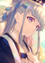 Rule 34 | 1girl, blurry, blurry background, fate/grand order, fate (series), grey hair, hands on own chest, hat, highres, long hair, braided hair rings, mitre, pope joan (fate), portrait, purple eyes, saipaco, smile