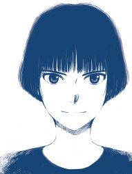 Rule 34 | 1girl, blue theme, closed mouth, commentary request, gake no ue no ponyo, graphite (medium), jas (littlecrime), lisa (ponyo), looking at viewer, short hair, simple background, smile, solo, studio ghibli, traditional media, white background