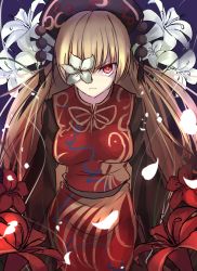 Rule 34 | &gt;:(, 1girl, black dress, blonde hair, breasts, chinese clothes, cowboy shot, crescent, dress, flower, flower eyepatch, flower over eye, frown, hat, highres, janne cherry, junko (touhou), lily (flower), long hair, long sleeves, looking at viewer, medium breasts, petals, red eyes, sash, solo, tabard, touhou, v-shaped eyebrows, wide sleeves