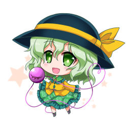 Rule 34 | 1girl, :d, bad id, bad pixiv id, black footwear, black hat, blush, chibi, commentary request, eyeball, floral print, frilled shirt collar, frilled skirt, frilled sleeves, frills, full body, green eyes, green hair, green skirt, hair between eyes, hat, hat ribbon, heart, heart of string, komeiji koishi, long sleeves, looking at viewer, noai nioshi, open mouth, print skirt, ribbon, shirt, shoes, skirt, smile, solo, standing, star (symbol), starry background, string, third eye, touhou, white background, wide sleeves, wing collar, yellow ribbon, yellow shirt