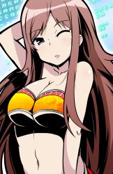 Rule 34 | 1girl, akana rui, arm up, bandeau, blue eyes, blush, breasts, brown hair, chousoku henkei gyrozetter, cleavage, collarbone, highres, large breasts, long hair, midriff, navel, one eye closed, outline, parted lips, solo, tanashi (mk2), wink