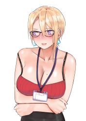 Rule 34 | 1girl, absurdres, bare shoulders, blonde hair, blush, breast hold, breasts, character name, cleavage, commentary, earrings, english commentary, glasses, highres, id card, jewelry, lanyard, looking away, medium breasts, mole, mole on breast, norman maggot, nose blush, original, purple eyes, short hair, sidelocks, simple background, sleeveless, solo, standing, stella (norman maggot), strap slip, tagme, tank top, upper body