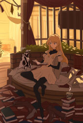 Rule 34 | 1girl, absurdres, bird, black bodysuit, blonde hair, bodysuit, bodysuit under clothes, book, book stack, boots, closed mouth, cup, cushion, dress, fireplace, high heel boots, high heels, highres, holding, holding book, layered sleeves, long hair, long sleeves, mug, original, penguin, planter, puffy short sleeves, puffy sleeves, short over long sleeves, short sleeves, sitting, solo, steam, sy-l-via, unworn boots, white dress