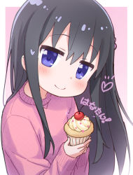 1girl, bangs, black hair, blush, cherry, closed mouth, commentary request, cupcake, eyebrows visible through hair, food, fruit, hair between eyes, hands up, heart, holding, holding food, jigatei (omijin), long hair, long sleeves, looking at viewer, pink background, pink sweater, purple eyes, shirosaki hana, sleeves past wrists, smile, solo, sparkle, sweater, translation request, two-tone background, very long hair, watashi ni tenshi ga maiorita!, white background