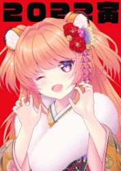 Rule 34 | 1girl, ;d, animal ear fluff, animal ears, blush, brown hair, brown kimono, claw pose, commentary request, fang, floral print, flower, furisode, hair flower, hair ornament, highres, japanese clothes, kimono, long hair, long sleeves, nail polish, one eye closed, open mouth, orange nails, original, print kimono, red background, red eyes, red flower, simple background, smile, solo, tiger ears, tsukimochikuriko (tsukimochi k), upper body, wide sleeves