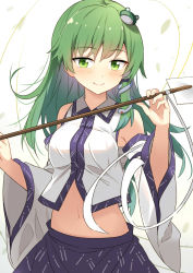 Rule 34 | 1girl, bare shoulders, blue skirt, blush, breasts, closed mouth, commentary, detached sleeves, e.o., frog hair ornament, gohei, green eyes, green hair, hair ornament, hair tubes, highres, holding, holding stick, kochiya sanae, long hair, looking at viewer, medium breasts, midriff, navel, sarashi, shirt, sidelocks, simple background, skirt, smile, snake hair ornament, solo, stick, touhou, unconnected marketeers, upper body, white background, white shirt, wide sleeves