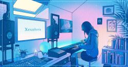 Rule 34 | 1girl, black skirt, blue hair, blue theme, bottle, hood, hoodie, indoors, instrument, keyboard (computer), keyboard (instrument), long hair, long sleeves, original, piano, plant, pleated skirt, sitting, skirt, solo, thighhighs, wacca005, white thighhighs