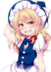 Rule 34 | 1girl, :d, arm behind head, arm up, blonde hair, blush, bow, bowtie, braid, commentary request, hair ribbon, hat, kirisame marisa, long hair, looking at viewer, mikagami hiyori, open mouth, puffy short sleeves, puffy sleeves, ribbon, short sleeves, side braid, simple background, single braid, smile, solo, touhou, upper body, vest, waist bow, white background, witch hat, yellow eyes
