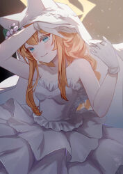 Rule 34 | 1girl, absurdres, animal ear headwear, animal ears, bare shoulders, blue archive, blue eyes, blush, breasts, bridal veil, bride, closed mouth, dress, fake animal ears, flower, gloves, hair between eyes, hair flower, hair ornament, halo, highres, long hair, looking at viewer, mari (blue archive), orange hair, small breasts, smile, solo, strapless, strapless dress, veil, wedding dress, white dress, white flower, white gloves, whydebbie, yellow halo