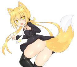 Rule 34 | animal ears, black thighhighs, blonde hair, crescent, crescent pin, fox ears, fox tail, kantai collection, long hair, long sleeves, necktie, no panties, satsuki (kancolle), school uniform, serafuku, simple background, tail, thighhighs, twintails, white background, yamato tachibana, yellow eyes