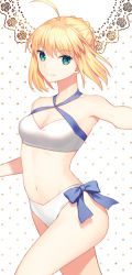 Rule 34 | &gt;:), 1girl, :d, ahoge, armpits, artoria pendragon (all), artoria pendragon (fate), artoria pendragon (swimsuit archer) (first ascension) (fate), bare arms, bare shoulders, bikini, blue bow, bow, breasts, cleavage, closed mouth, collarbone, cowboy shot, criss-cross halter, fate/stay night, fate (series), halterneck, karinzero, looking at viewer, navel, open mouth, outstretched arm, saber (fate), short hair, small breasts, smile, solo, stomach, swimsuit, thighs, walking, white bikini