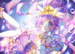 Rule 34 | 1girl, absurdres, alternate costume, alternate hair color, alternate hairstyle, aqua eyes, breasts, highres, janna (league of legends), large breasts, league of legends, long hair, looking at viewer, magical girl, miniskirt, open mouth, pointy ears, ponytail, purple hair, purple ribbon, ribbon, skirt, solo, star guardian (league of legends), star guardian janna, thighhighs