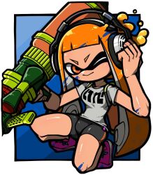 1girl ;) bike_shorts black_shorts breasts closed_mouth grey_shirt headphones ink_tank_(splatoon) inkling inkling_girl inkling_player_character inkzooka_(splatoon) long_hair medium_breasts name_omoitukan2 nintendo one_eye_closed orange_eyes orange_hair pink_footwear shiny_skin shirt shoes short_sleeves shorts smile sneakers solo splatoon_(series) splatoon_1 squatting tentacle_hair thick_lineart