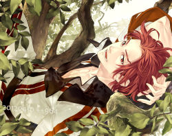 Rule 34 | 10s, 1boy, 2012, bad id, bad pixiv id, coat, dated, gensou suikoden, gensou suikoden ii, in tree, kaburaya, leaf, male focus, red eyes, red hair, seed (suikoden), smile, solo, tree