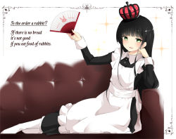 Rule 34 | 1girl, alternate costume, apron, black dress, black hair, blunt bangs, blush, breasts, commentary request, copyright name, couch, crown, dress, english text, engrish text, enmaided, folding fan, full body, fuu (fuore), gochuumon wa usagi desu ka?, green eyes, hand fan, highres, holding, long hair, long sleeves, looking at viewer, maid, maid apron, no shoes, open mouth, pantyhose, ranguage, sidelocks, sitting, small breasts, solo, sparkle, ujimatsu chiya, white apron, white pantyhose