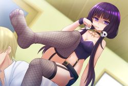 Rule 34 | 1girl, blend s, blurry, breasts, cleavage, crossed legs, depth of field, feet, femdom, fishnet thighhighs, fishnets, garter straps, hair ornament, highres, kazenokaze, long hair, looking at viewer, low twintails, no shoes, purple eyes, sakuranomiya maika, shaded face, sitting, sitting on person, skull hair ornament, small breasts, thighhighs, twintails