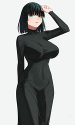 Rule 34 | 1girl, arm behind back, arm up, black dress, black hair, breasts, commentary request, dress, fubuki (one-punch man), green eyes, highres, impossible clothes, large breasts, long sleeves, looking at viewer, one-punch man, parted lips, senju (snz0), short hair, simple background, skin tight, solo