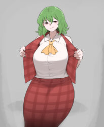 Rule 34 | 1girl, ascot, breasts, closed mouth, collared shirt, green hair, grey background, highres, kazami yuuka, large breasts, looking at viewer, mata (matasoup), plaid, plaid skirt, plaid vest, red eyes, red skirt, red vest, shirt, short hair, simple background, skirt, smile, solo, touhou, vest, white shirt, yellow ascot