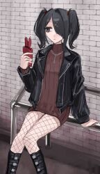 Rule 34 | 1girl, alternate costume, ame-chan (needy girl overdose), arm support, black footwear, black hair, black jacket, boots, breasts, brick wall, brown dress, cellphone, closed mouth, dress, feet out of frame, fishnet pantyhose, fishnets, grey eyes, hair ornament, hair over one eye, hand up, highres, holding, holding phone, jacket, jewelry, knee boots, long hair, long sleeves, looking to the side, necklace, needy girl overdose, open clothes, open jacket, outdoors, pantyhose, phone, sanmanako, sitting, small breasts, smartphone, solo, turtleneck dress, twintails, x hair ornament