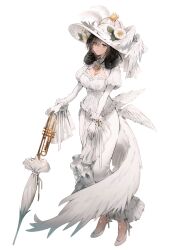 Rule 34 | 1girl, absurdres, black hair, breasts, cleavage, cleavage cutout, clothing cutout, corset, cross, cross necklace, dress, flower, frilled dress, frills, hat, hat feather, hat flower, high heels, highres, holding, holding instrument, holding trumpet, holding umbrella, instrument, jewelry, large breasts, large hat, long hair, looking at viewer, low wings, multiple wings, necklace, necrologist, parted lips, reverse:1999, simple background, siyrgr, solo, sun hat, trumpet, umbrella, white background, white corset, white dress, wings, yellow eyes