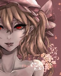 Rule 34 | 1girl, :q, absurdres, bare shoulders, blonde hair, character name, collarbone, earrings, fang, flandre scarlet, flower, hair between eyes, hat, hat ribbon, highres, jewelry, kyogoku-uru, licking lips, looking at viewer, mob cap, piercing, pointy ears, portrait, red eyes, ribbon, side ponytail, slit pupils, smile, solo, tongue, tongue out, tongue piercing, touhou, upper body, vampire