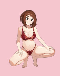 Rule 34 | 1girl, absurdres, bad id, bad pixiv id, bare arms, bare legs, bare shoulders, barefoot, blush, boku no hero academia, bra, breasts, brown eyes, brown hair, cleavage, closed mouth, collarbone, commentary, commission, english commentary, full body, highres, jason kim, large breasts, lingerie, looking at viewer, navel, panties, pink background, red bra, red panties, short hair, simple background, skindentation, smile, solo, spread legs, stomach, thick eyebrows, underwear, underwear only, uraraka ochako