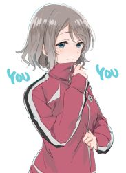 Rule 34 | 10s, 1girl, bad id, bad twitter id, blue eyes, blush, character name, eyebrows, grey hair, highres, jacket, looking to the side, love live!, love live! sunshine!!, musshu (omu001), short hair, simple background, solo, sportswear, text focus, track jacket, upper body, watanabe you, white background, zipping